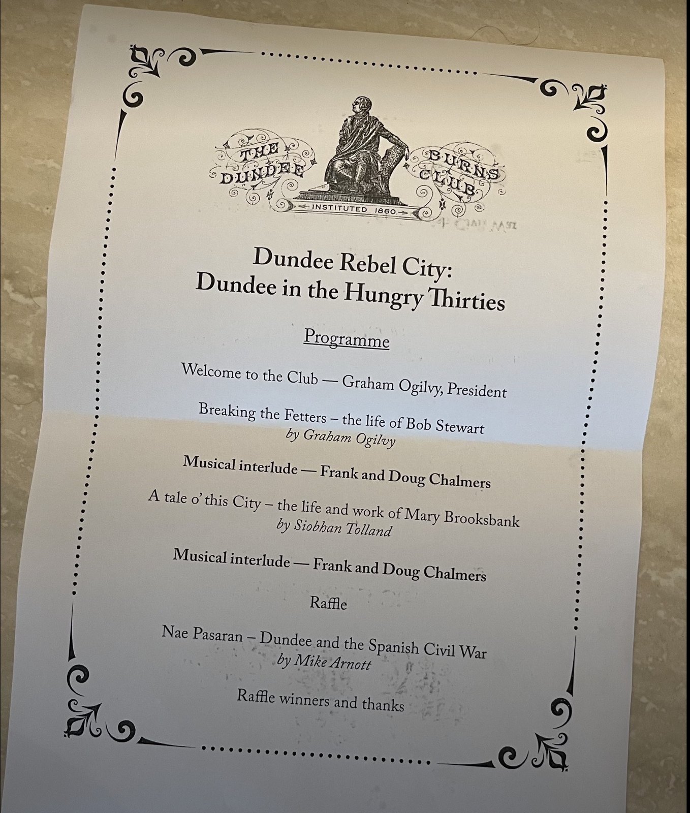 Programme for Dundee Rebel City: Dundee in the Hungry Thirties