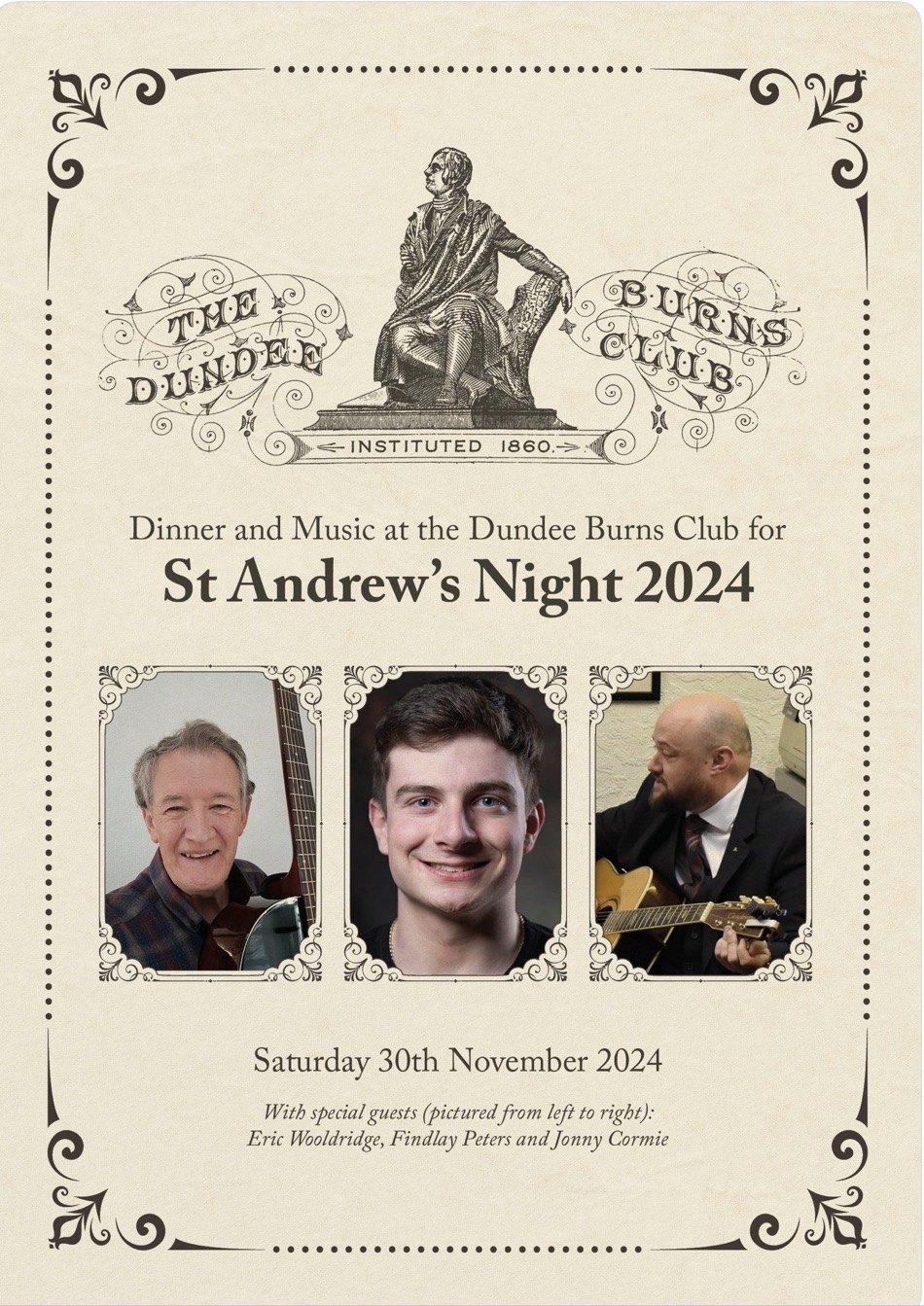 Poster for St Andrew's Night 2024 with Eric Wooldridge, Findlay Peters and Jonny Cormie