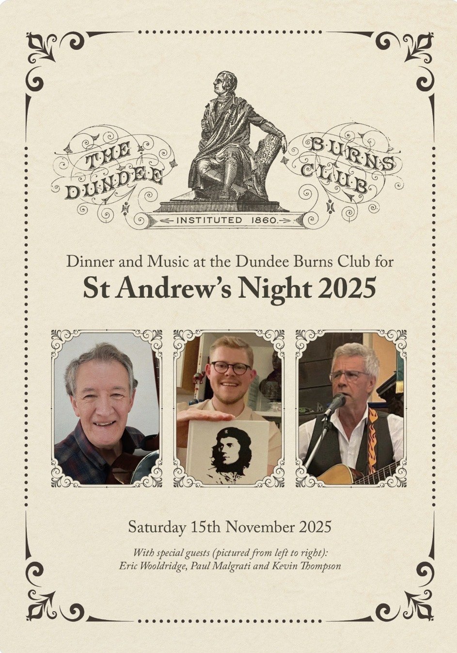 Poster for St Andrew's Night 2025 with Eric Wooldridge, Paul Malgrati and Kevin Thompson